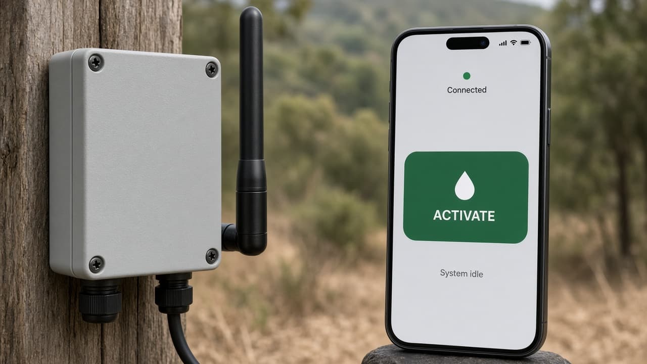 Cellular controller enclosure with antenna beside a phone showing a remote activate command. Hardware and app, not a spray crew.