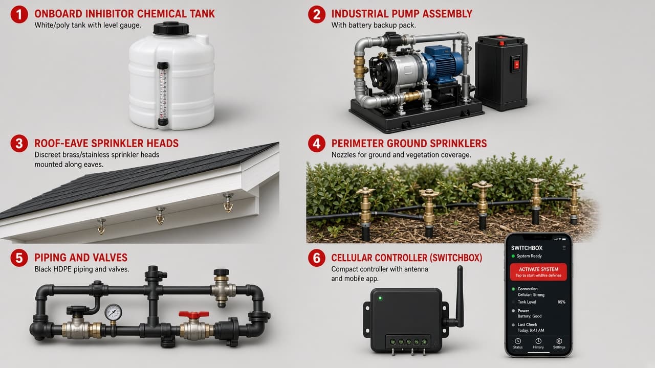 Labeled CitroSafe overview: onboard tank, pump and reserve power, roof/eave heads, perimeter nozzles, piping and valves, cellular controller and app.