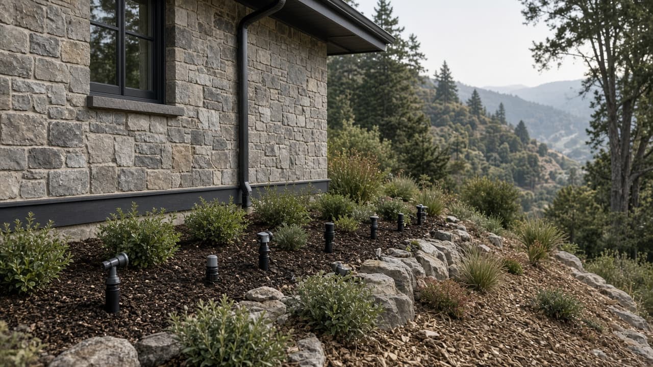 Black perimeter vegetation nozzles in mulch and plantings along a hillside home. No roof-surface spraying.