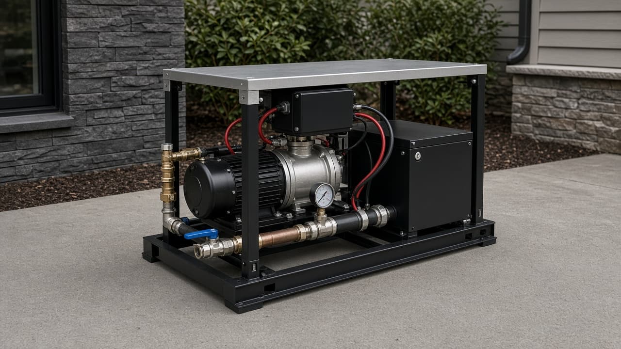 Industrial pump and reserve-power enclosure on a steel frame, installed as hardware next to the house.