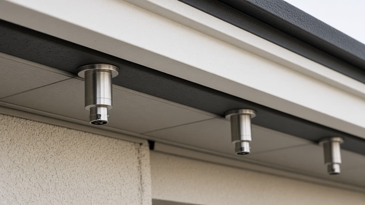Stainless roof and eave sprinkler heads mounted as hardware under the fascia. The roof surface is not being sprayed.