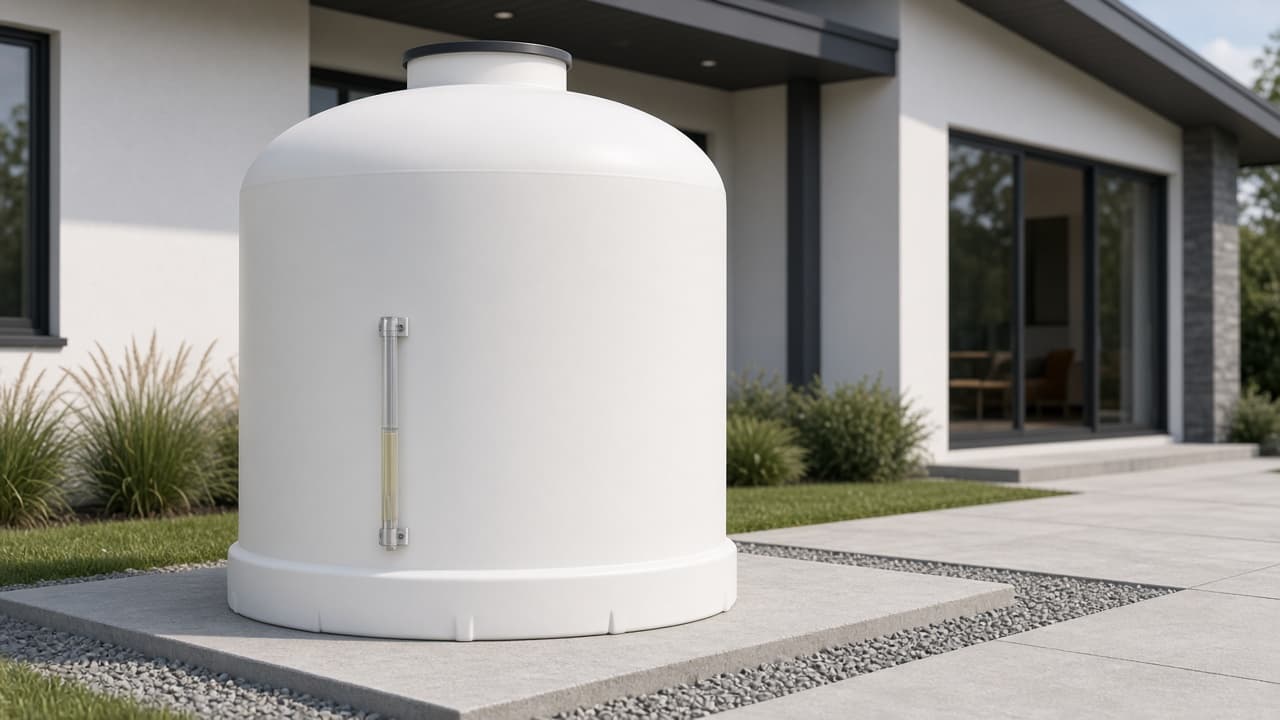 White poly onboard inhibitor tank with a sight glass, sitting on a pad beside a home. Hardware only — no spraying.