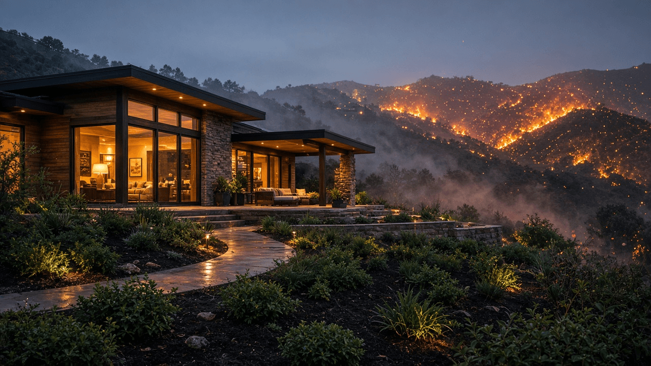 A hillside home stays lit and intact behind a maintained defensible-space yard while wildfire burns on the ridge beyond. No roof-surface spraying.