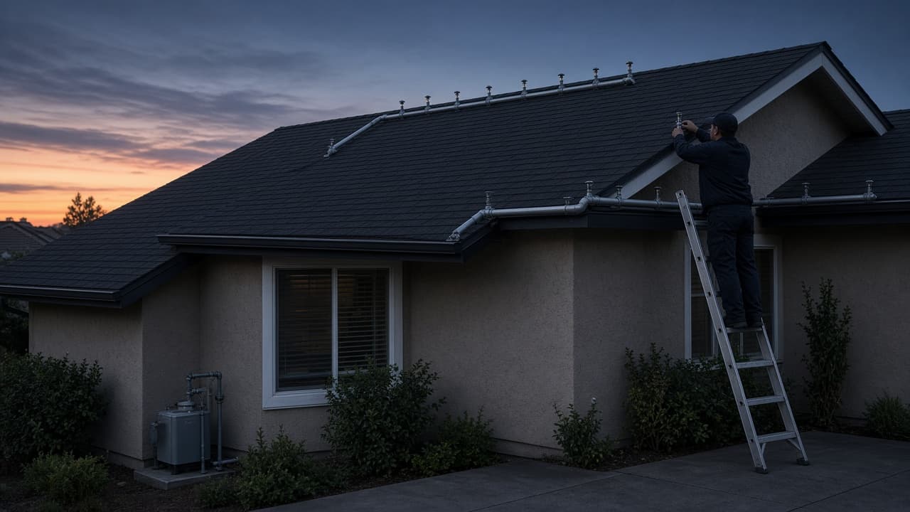 Technician installing roof-mounted CitroSafe sprinkler hardware — not spraying the roof surface.
