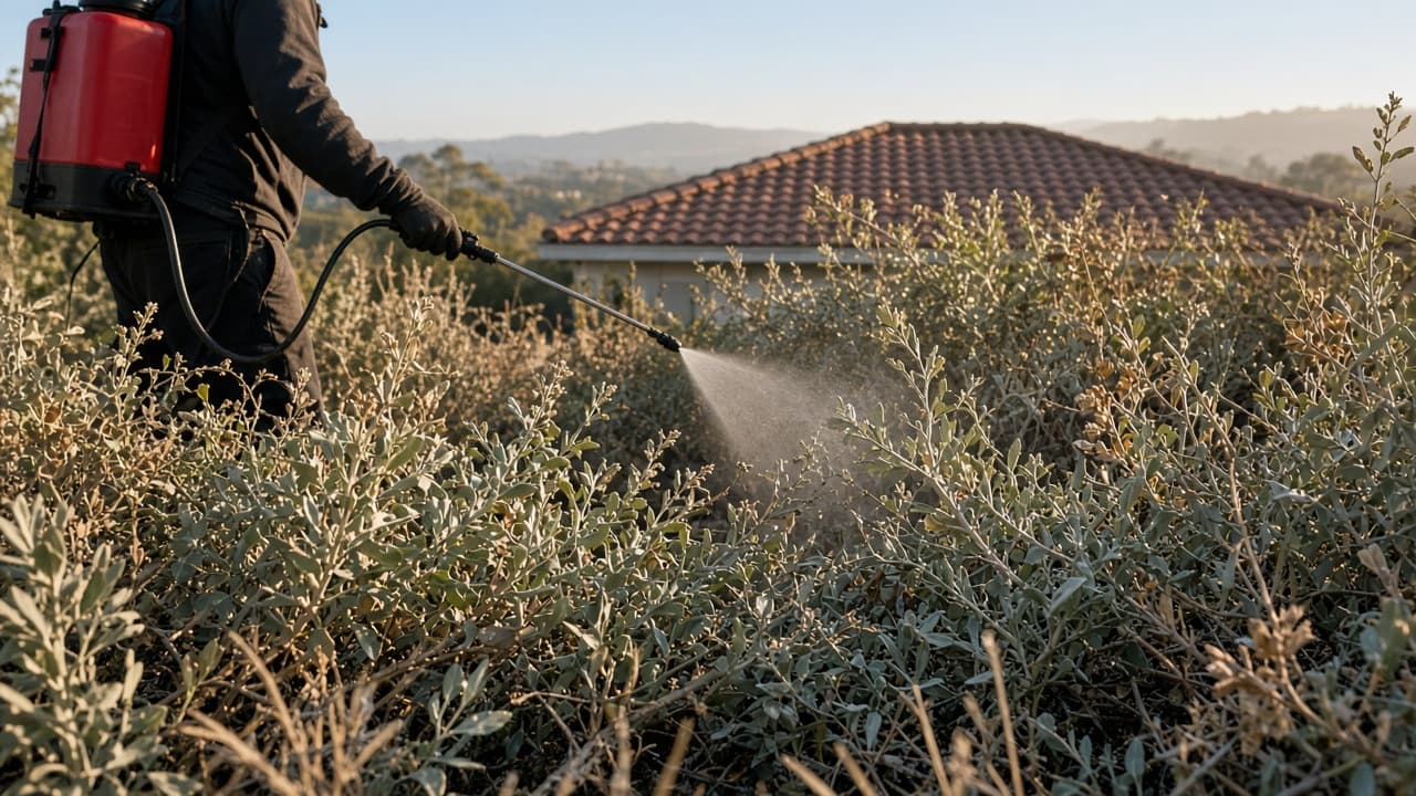 Certified-partner application of CitroTech to perimeter vegetation and defensible space. Not roof-surface spraying.